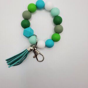 Handmade Silicone Bead Bracelet Keychain – Teal, Green, White & Neutral Mix with